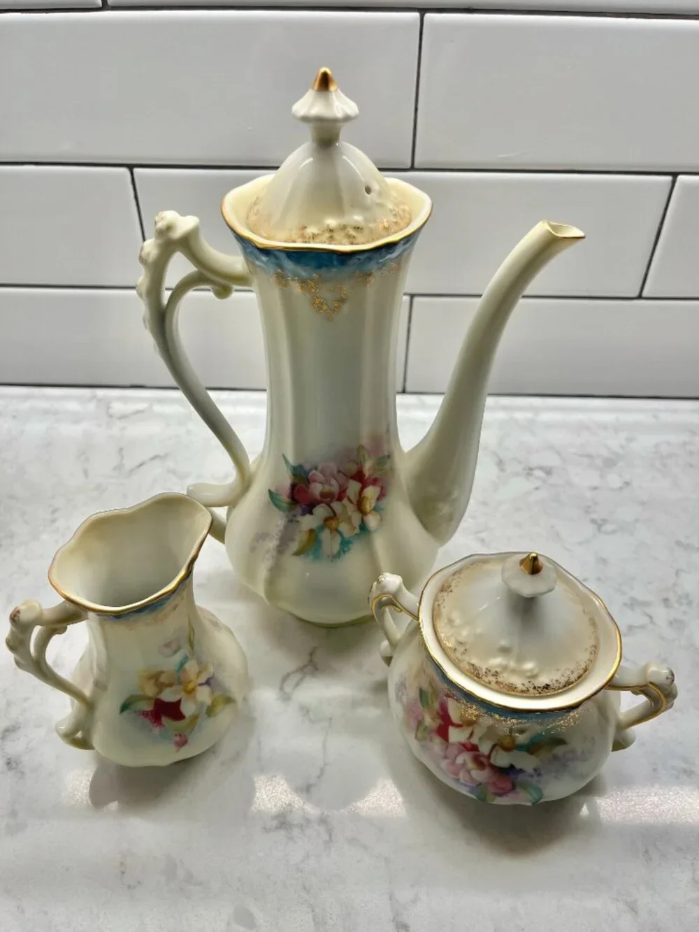 Antique  Reinhold RS Prussia Chocolate Pot with Matching Sugar and Creamer